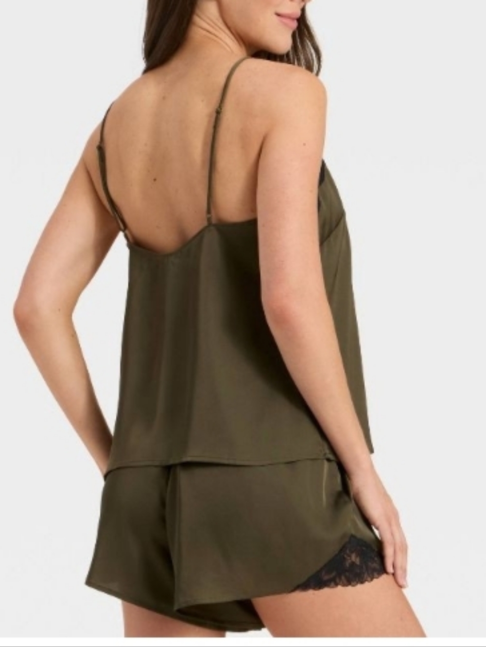 Auden™ Luxury Collection Women's Lace Trim Satin Pajama Tank Top -  Olive Green - Picture 2 of 14